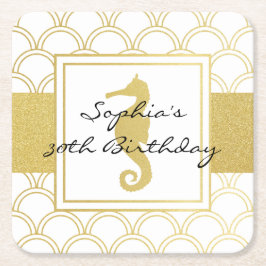 Posavasos Cuadrado De Papel Art Deco Wave Gold Purpurina Seahorse Cumpleaños P