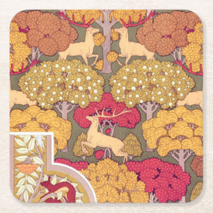Posavasos Cuadrado De Papel Art Nouveau árboles de otoño y venado Caída de la