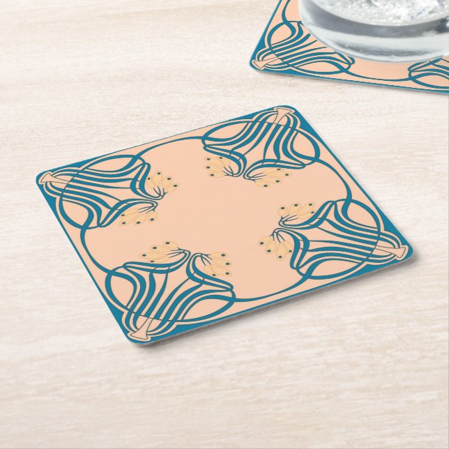 Posavasos Cuadrado De Papel Art Nouveau Verde azulado Peach (En perspectiva)