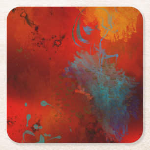 Posavasos Cuadrado De Papel Arte abstracto digital grunge rojo, acuático y dor