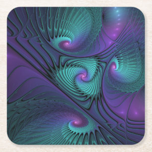 Posavasos Cuadrado De Papel Arte abstracto fractal moderno de púrpura y turque
