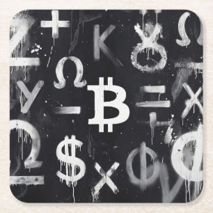 Posavasos Cuadrado De Papel Arte callejero de la moneda Bitcoin (pintura negra