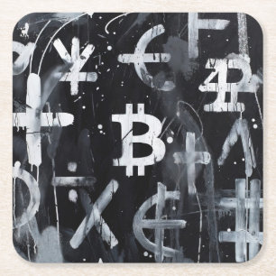 Posavasos Cuadrado De Papel Arte Callejero de Moneda Bitcoin (Pintura Negra No