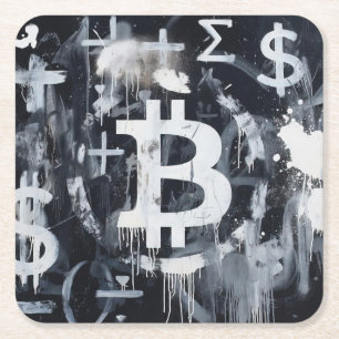 Posavasos Cuadrado De Papel Arte Callejero de Moneda Bitcoin (Pintura Negra No