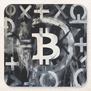 Posavasos Cuadrado De Papel Arte Callejero de Moneda Bitcoin (Pintura Negra No