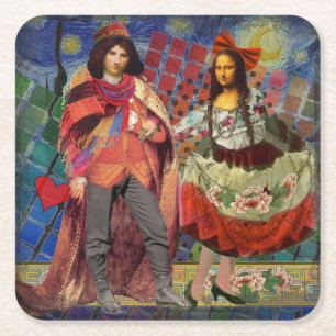 Posavasos Cuadrado De Papel Arte colorido divertido y romántico de Mona Lisa