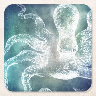 Posavasos Cuadrado De Papel Arte cosmético Verde azulado Octopus Midnight Blue