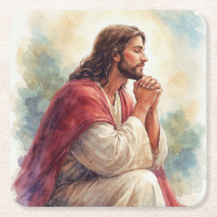 Posavasos Cuadrado De Papel Arte de Acuarela de Jesús Orando   Fe Cristiana