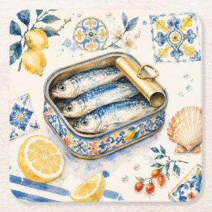 Posavasos Cuadrado De Papel Arte de Acuarela de Sardina Siciliana