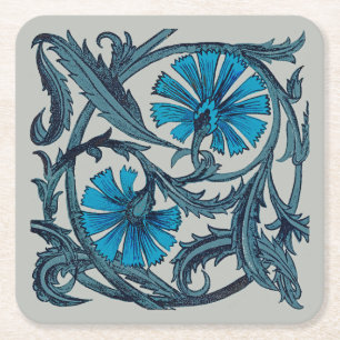 Posavasos Cuadrado De Papel Arte de azulejo rústico de flores antiguas azul vi