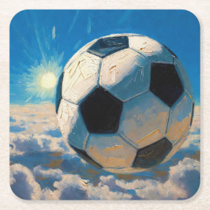 Posavasos Cuadrado De Papel Arte de Balón de Fútbol Volador (Pintura al Óleo N