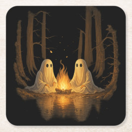 Posavasos Cuadrado De Papel Arte de bosque nocturno con fogata de fantasmas es