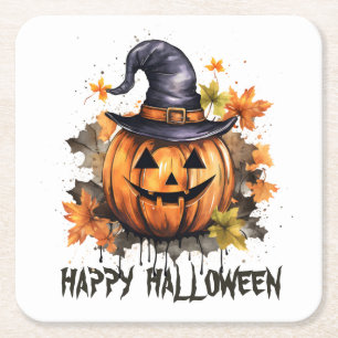 Posavasos Cuadrado De Papel Arte de calabaza sonriente malvada de Halloween fe