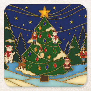 Posavasos Cuadrado De Papel Arte de cloisonne Bosque Caprichoso Navidad Clásic