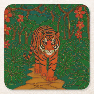 Posavasos Cuadrado De Papel Arte de cloisonne Tigre en el camino de la selva
