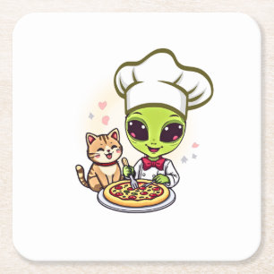 Posavasos Cuadrado De Papel Arte de dibujos animados de gato chef de pizza ali