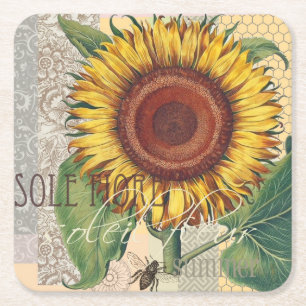 Posavasos Cuadrado De Papel Arte de Flor de Damasco Vintage Girasol