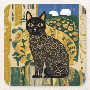 Posavasos Cuadrado De Papel Arte de gato negro decorativo dorado estilo Gustav