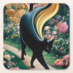 Posavasos Cuadrado De Papel Arte de gato negro decorativo dorado estilo Gustav