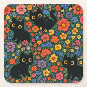 Posavasos Cuadrado De Papel Arte de jardín Kawaii Patrón floral de gato negr