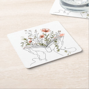 Posavasos Cuadrado De Papel Arte de línea botánico de Blooms Book