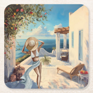 Posavasos Cuadrado De Papel Arte de pared costera Mar Mediterráneo