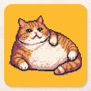 Posavasos Cuadrado De Papel arte de píxel de gato gordo naranja