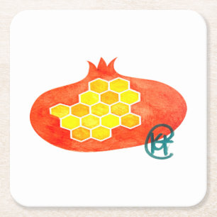 Posavasos Cuadrado De Papel Arte de Pomegranate y Honeycomb Rosh Hashana