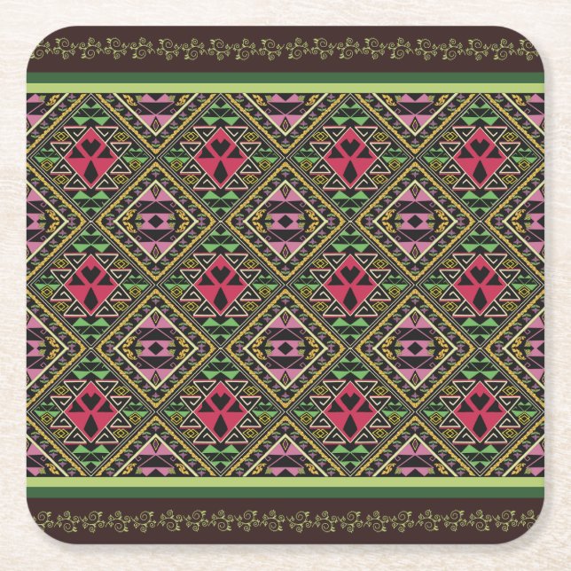 Posavasos Cuadrado De Papel Arte de tela abstracta brillante rosa y verde (Anverso)