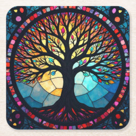 Posavasos Cuadrado De Papel Arte de Vidrio Teñido, Árbol de la Vida en Vidrio 