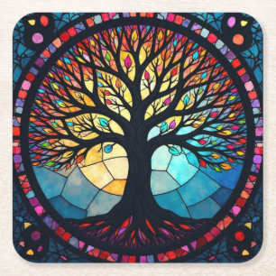 Posavasos Cuadrado De Papel Arte de Vidrio Teñido, Árbol de la Vida en Vidrio