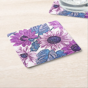 Posavasos Cuadrado De Papel Arte floral vintage púrpura y azul