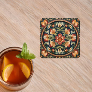 Posavasos Cuadrado De Papel Arte folclórico decorativo de Rosemaling noruego