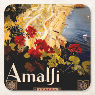 Posavasos Cuadrado De Papel Arte gráfico de póster de viaje vintage Amalfi Ita