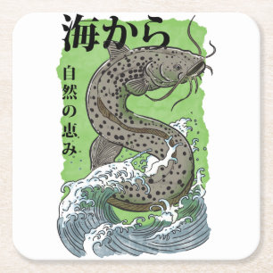 Posavasos Cuadrado De Papel arte japonés vintage de pesca Bagre