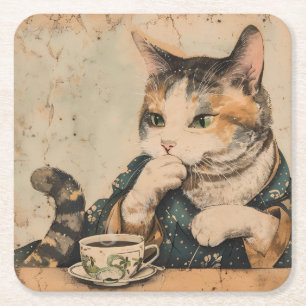 Posavasos Cuadrado De Papel Arte japonés vintage lindo gato con una taza de té
