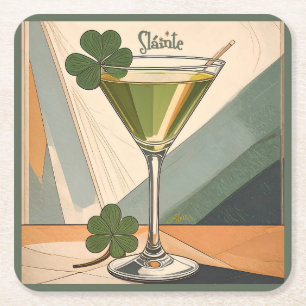 Posavasos Cuadrado De Papel Arte moderno de mediados de siglo Shamrock Martini