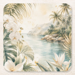 Posavasos Cuadrado De Papel Arte mural acuarela tropical de lujo costero  