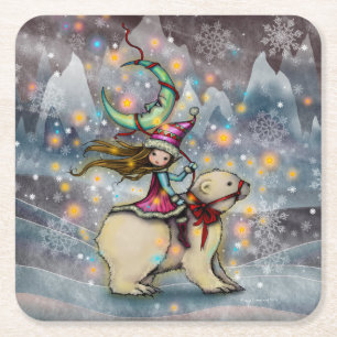 Posavasos Cuadrado De Papel Arte Navideño de Elfo Cabalgando Oso Polar