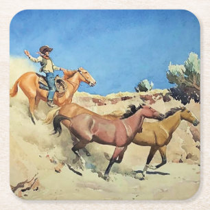 Posavasos Cuadrado De Papel Arte occidental “Saddle Stock” de Maynard Dixon