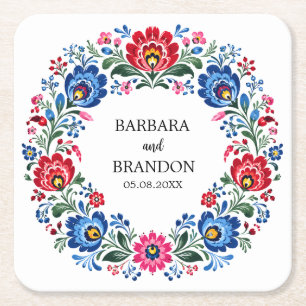 Posavasos Cuadrado De Papel Arte popular polaco Polska Floral Tradicional Vint