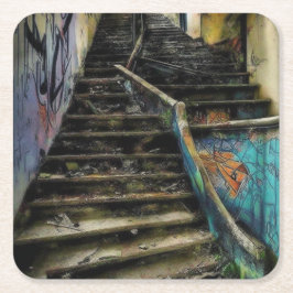 Posavasos Cuadrado De Papel Arte Urbano en Escaleras Edificio Abandonado