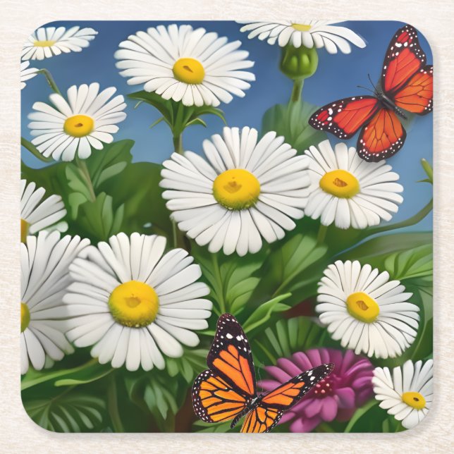 Posavasos Cuadrado De Papel Artsy Fun Daisies And Butterflies (Anverso)
