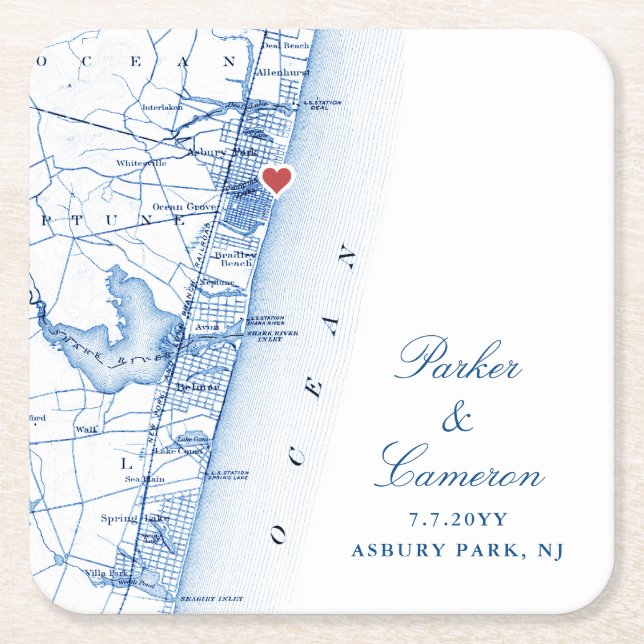 Posavasos Cuadrado De Papel Asbury Park Mapa NJ Boda Favor Azul Marina (Anverso)