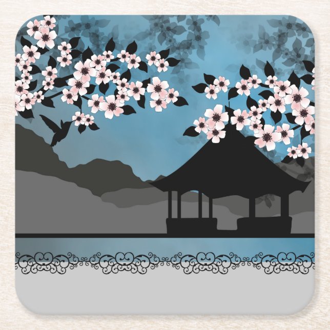 Posavasos Cuadrado De Papel Asia de verano azul (Anverso)