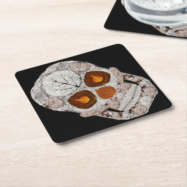 Posavasos Cuadrado De Papel Aspen Leaf Skull 11 (En perspectiva)