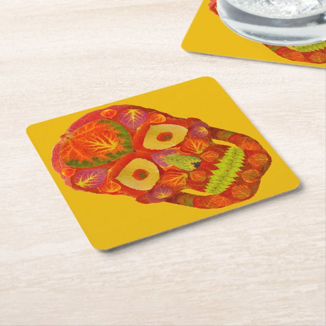 Posavasos Cuadrado De Papel Aspen Leaf Skull 16 (En perspectiva)