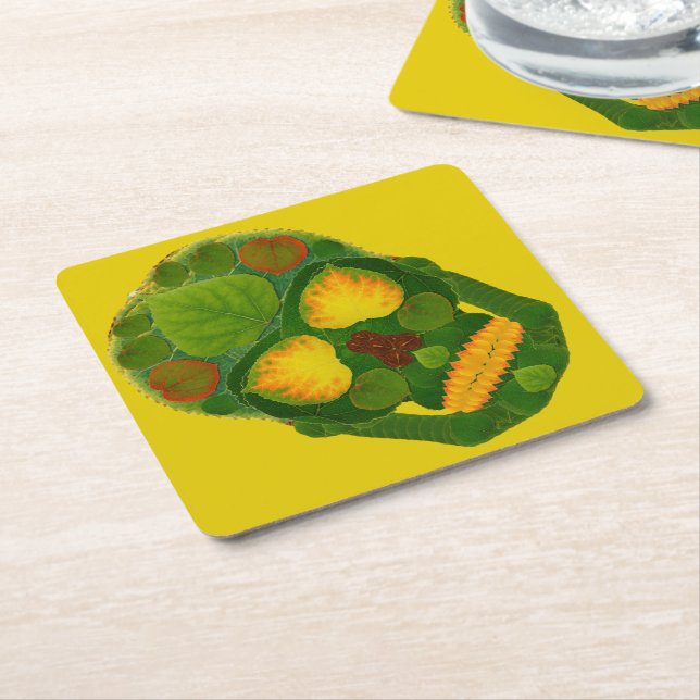 Posavasos Cuadrado De Papel Aspen Leaf Skull 9 (En perspectiva)