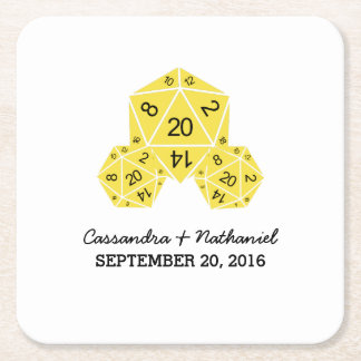Posavasos Cuadrado De Papel Astras de papel de Boda de dados D20 amarillo