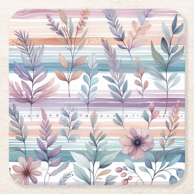 Posavasos Cuadrado De Papel Astras Florales de acuarela (Anverso)